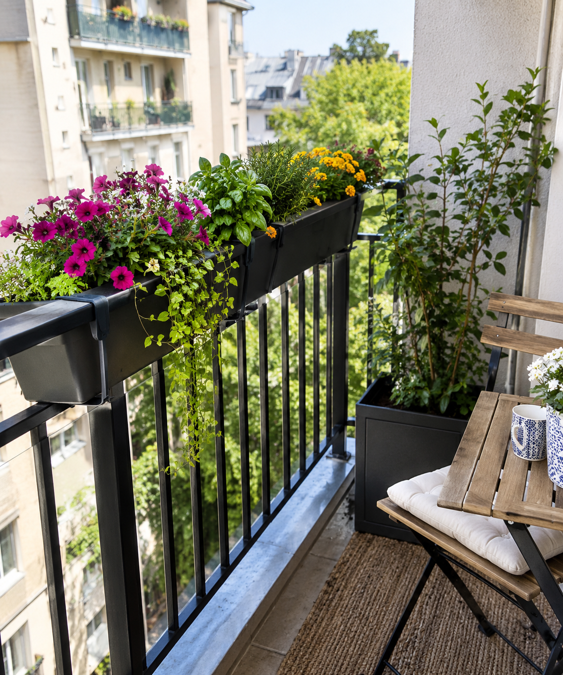 Étagère à gradins pliable garnie de pensées et de pots colorés sur un balcon
