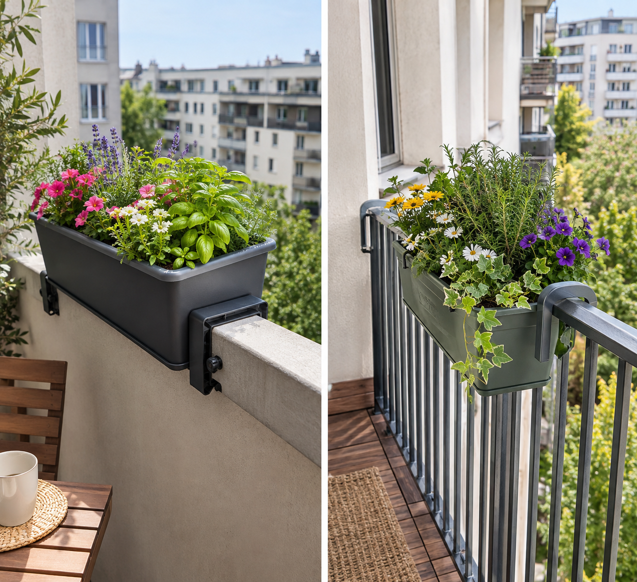 Jardinière à réserve d’eau installée côté intérieur d’un garde-corps de balcon