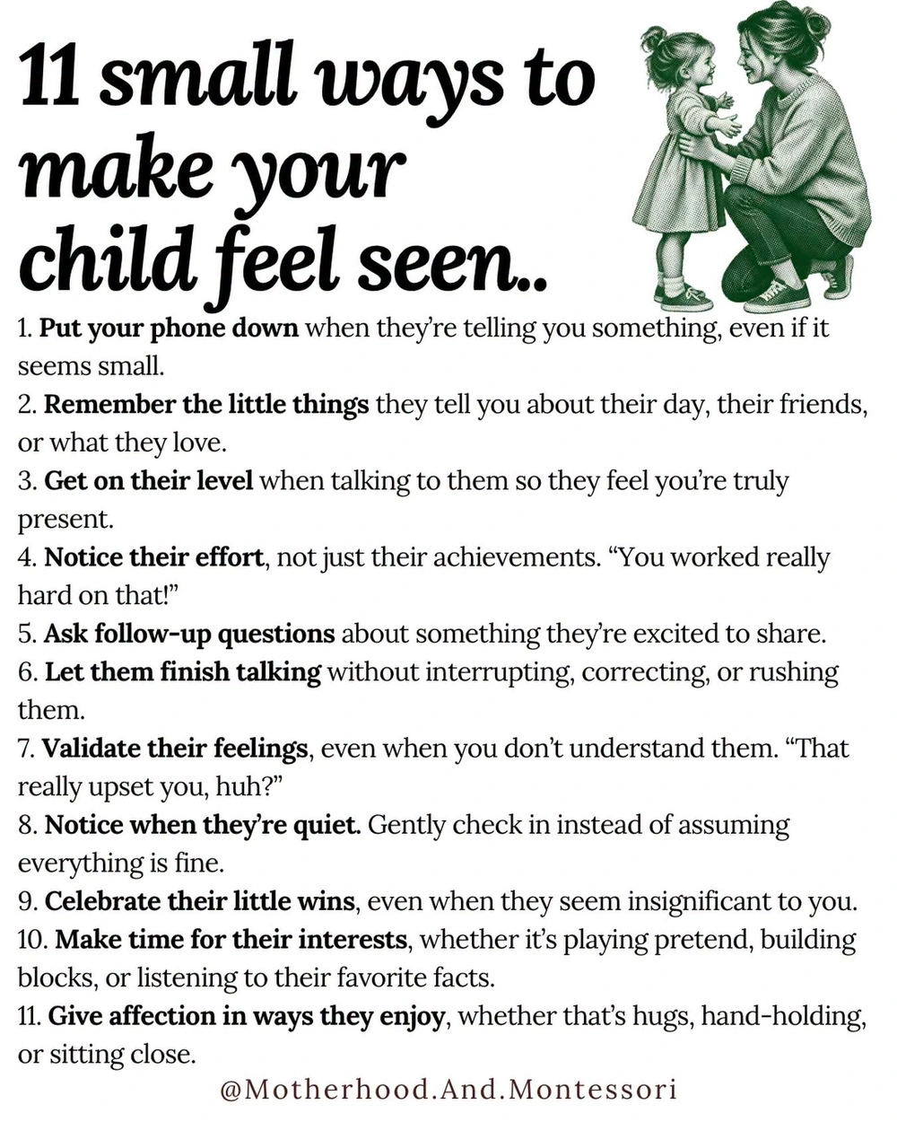 Infographic sharing 11 small ways to help a child feel seen, including attentive listening, noticing effort, and respecting affection preferences.